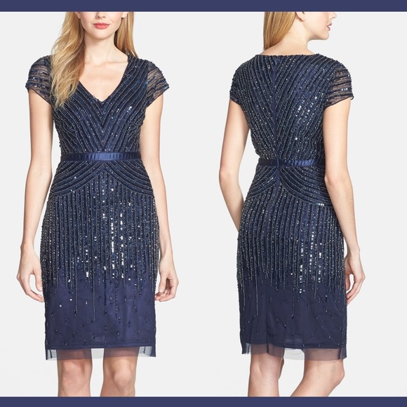 NEW Adrianna Papell Mesh Overlay Embellished Dress in Navy Blue [SZ‎ 6 ] - Picture 2 of 10